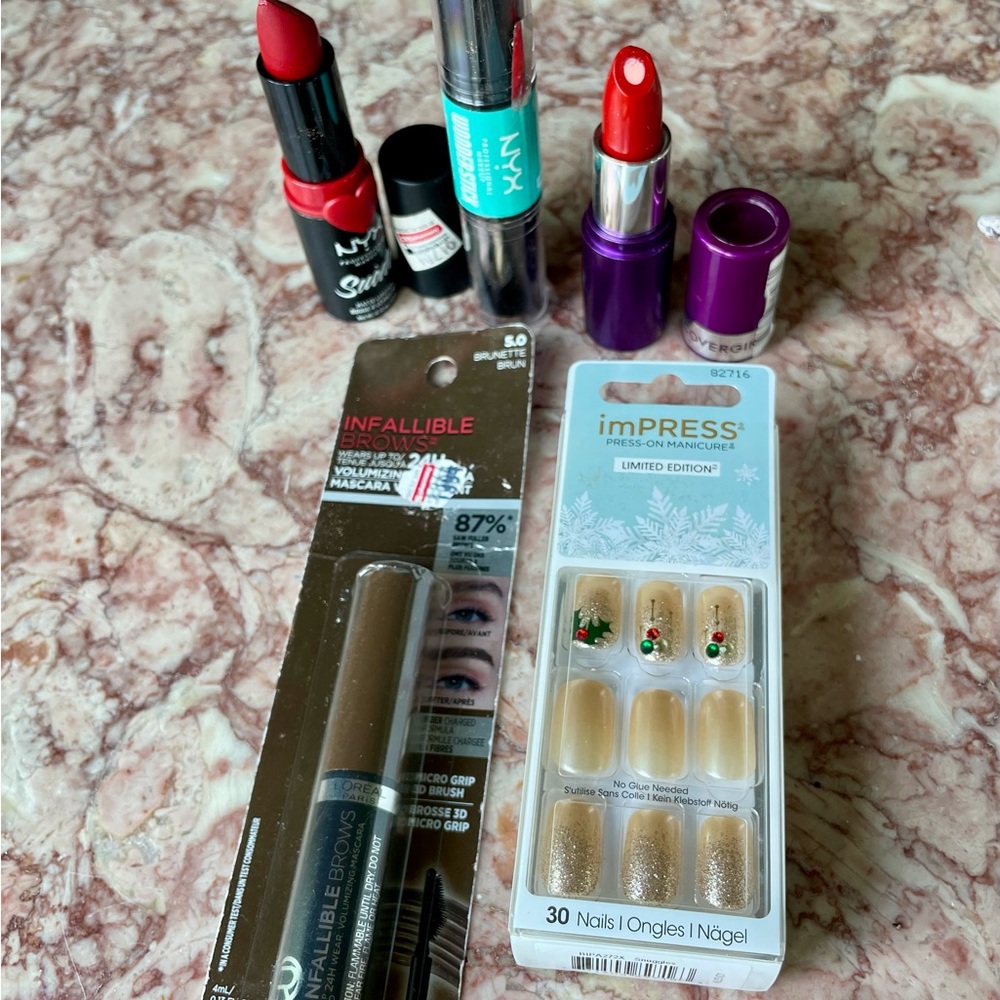 NYX, Covergirl Bold Red Lipstick Brown Mascara, Champagne nails,NYX Wonderstick